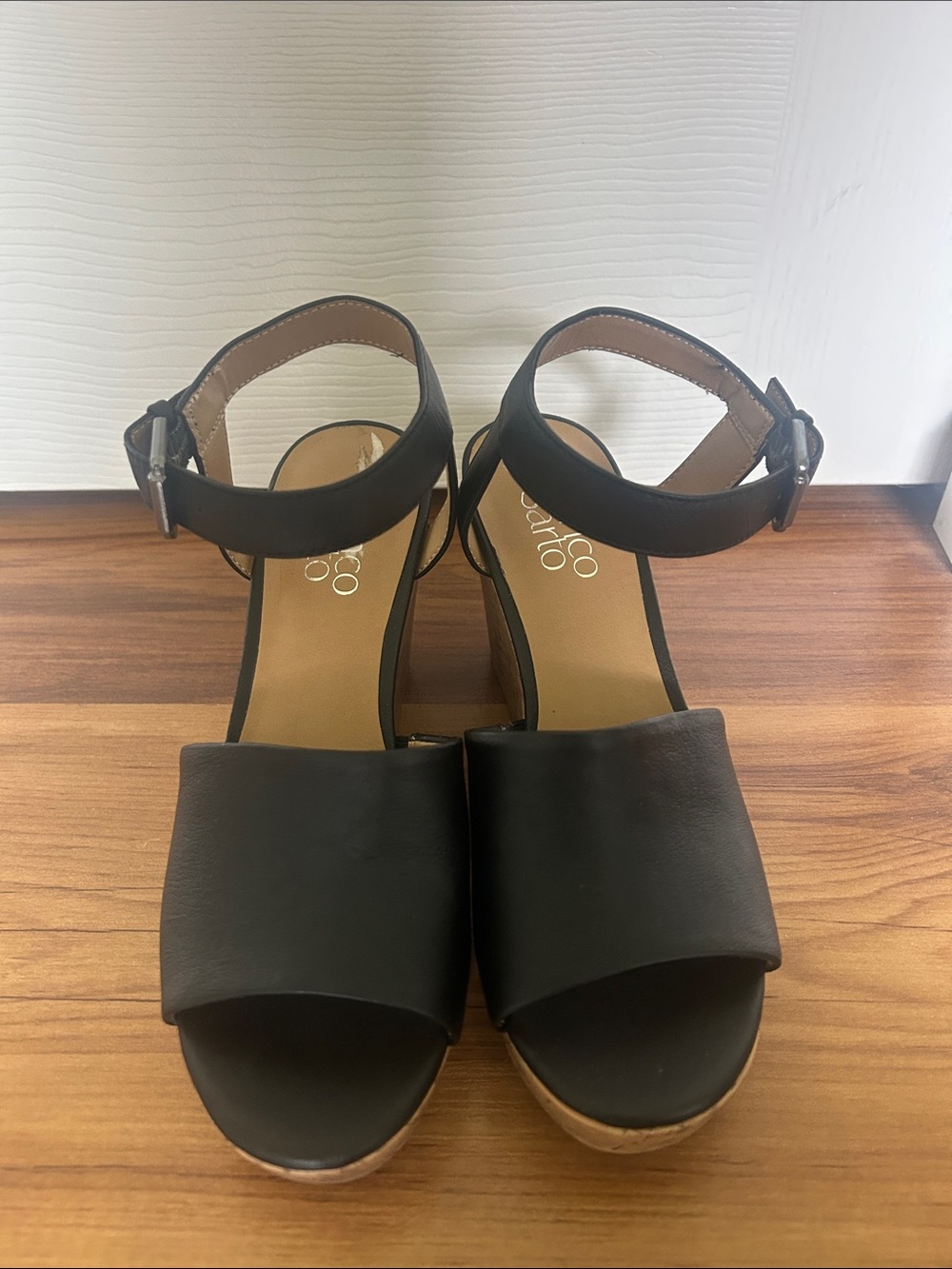Franco Sarto Black Leather Ankle-Strap Wedge Sandals